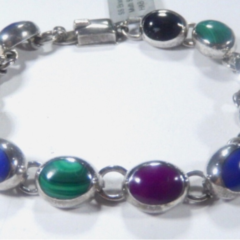 VINTAGE* Taxco Mexico Sterling Silver Multi Gemstone Bracelet
